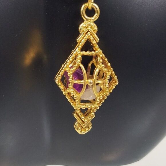 Vintage Mid Century Gold Tone Pendant Necklace Amethyst Rose Quartz 23" Chain - Picture 7 of 8